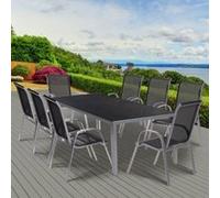 IDMarket – Salon de jardin Madrid – Table 190 cm et 8 chaises empilables – Gris anthracite
