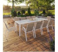 IDMarket – Salon de jardin Madrid – Table 240 cm et 10 chaises empilables – Blanc/Beige