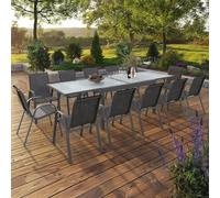 Salon De Jardin Madrid Table Extensible 135-270 Cm Et 12 Chaises Empilables Gris Anthracite Gris