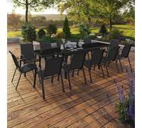 Salon De Jardin Madrid Table Extensible 135-270 Cm Et 12 Chaises Empilables Noir