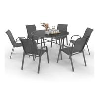 Salon De Jardin Madrid Table Ronde 120 Cm Et 6 Chaises Empilables Gris Anthracite