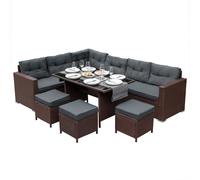 Ensemble de salon de jardin, coin salon en rotin et polyrotin, ensemble de jardin marron, canapé d'angle, pouf, table avec plateau en verre, protection UV, imperméable, coussins d'assise et de dossier