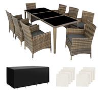 Salon de jardin Menorca 8 places avec 2 sets de housses + housse de protection - marron naturel