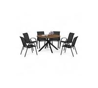 IDMarket - Salon jardin Messina - Table ronde 120cm effet bois + 6 chaises empilables noires