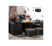 Salon de jardin Miami 8 places - Résine tressée noire et coussins gris avec housse