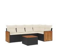 Salon de jardin modulable 6 pièces, résine tressée noire, coussins blanc crème, table acacia massif, résistant UV, pieds réglables