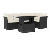 Salon de Jardin Modulable, 6 Pièces, Résine Tressée Noire, Table Réglable, Coussins Blanc Crème Déhoussables, Acier Enduit de Poudre