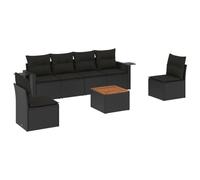 Salon de jardin modulable 7 pièces, résine tressée noire, structure acier enduit de poudre, plateau acacia, coussins déhoussables, résistant aux UV