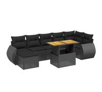 Salon de jardin modulable 8 pièces, résine tressée noire, acier enduit de poudre, table relevable bois d'acacia, coussins déhoussables lavables