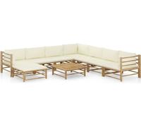 Salon de jardin modulable 9 pièces, extérieur bambou, coussins déhoussables polyester blanc crème, ensemble complet avec table et repose-pieds