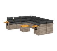 Salon de Jardin Modulable 9 Pièces, Résine Tressée Gris, Acier Enduit de Poudre, Table Basse Bois d'Acacia, Coussins Déhoussables Gris Foncé