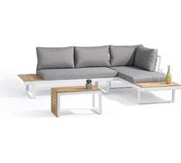 Salon de Jardin Modulable Aluminium, 4 Places, DCB GARDEN TOKYO, Blanc et Bois d'Acacia, Coussins Gris Clair