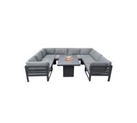 Ensemble de salon de jardin modulaire, grand modèle gris, 8 places, canapé en U avec coussins, table et foyer à gaz. Ensemble de mobilier de jardin en aluminium 9 pièces pour l'extérieur, pour terrass