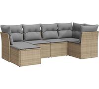 Salon de jardin modulable, ensemble canapé d'angle et tabouret 6 pièces, résine tressée beige, coussins déhoussables lavables gris clair, résistant UV
