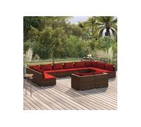 vidaXL Ensemble de salon de jardin 12 pièces avec coussins Marron Poly rotin