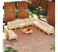 Ensemble de salon de jardin 12 pièces vidaXL avec coussins crème, en bois de pin massif