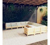 Ensemble de salon de jardin 11 pièces vidaXL avec coussins crème, en bois de pin