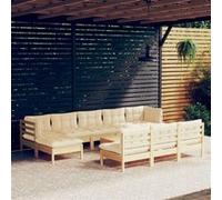 Ensemble de salon de jardin 11 pièces vidaXL avec coussins crème, en bois de pin