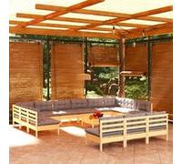 vidaXL Ensemble salon de jardin 14 pièces avec coussins gris pin massif