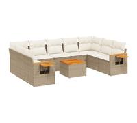 Salon de jardin modulaire 10 pièces, résine tressée beige, acier enduit de poudre, bois d'acacia, coussins déhoussables blanc crème, rangement, UV