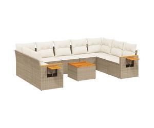 Salon de jardin modulaire 10 pièces, résine tressée beige, acier enduit de poudre, bois d'acacia, coussins déhoussables blanc crème, rangement, UV