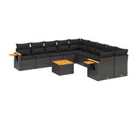 Salon de jardin modulaire 11 pcs, résine tressée noire, acier poudré, table acacia, coussins déhoussables lavables, résistant UV