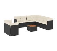 Salon de jardin modulaire 11 pièces, résine tressée noire, coussins blanc crème, table bois d'acacia, rangement intégré, résistant aux UV