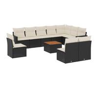 Salon de jardin modulaire 11 pièces, résine tressée noire, table acacia, coussins blanc crème déhoussables, rangement intégré, résistant aux UV
