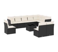 Salon de jardin modulaire 11 places, résine tressée noire, coussins déhoussables lavables blanc crème, table plateau verre trempé, résistant UV