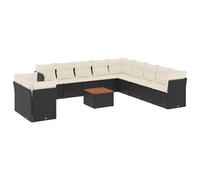 Salon de jardin modulaire 12 pièces, canapés et table, résine tressée noire, plateau acacia, coussins déhoussables polyester blanc crème, résistant UV