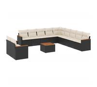 Salon de jardin modulaire 12 pièces, résine tressée noire, cadre acier, table acacia, coussins déhoussables blanc crème, résistant UV