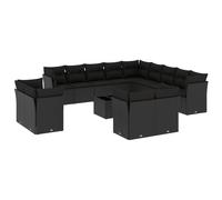 Salon de jardin modulaire 14 pcs avec coussins déhoussables, résine tressée noire, structure acier, table verre trempé, résistant UV