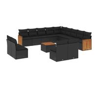 Salon de jardin modulaire 14 pcs, résine tressée noire, avec coussins déhoussables lavables, table basse plateau bois d'acacia, résistant UV