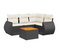 Salon de jardin modulaire 5 pcs, résine tressée noire, coussins blanc crème, table bois d'acacia, rangement intégré, résistant aux UV