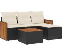 Salon de jardin modulaire 5 pièces, résine tressée noire, table bois d'acacia, coussins déhoussables blanc crème, résistant aux UV