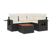 Salon de jardin modulaire 5 places, résine tressée noire, coussins blanc crème, rangements intégrés, table acacia, résistant aux UV