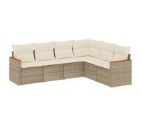 Salon de jardin modulaire 6 pièces, résine tressée beige, acier enduit de poudre, bois d'acacia, coussins déhoussables, rangement intégré, UV