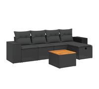 Salon de Jardin Modulaire 6 Pièces, Résine Tressée Noire, Acier Enduit de Poudre, Table Bois d'Acacia, Coussins Déhoussables et Lavables
