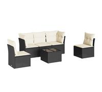 Salon de jardin modulaire 6 pièces, résine tressée noire, acier, table plateau verre trempé, coussins déhoussables lavables blanc crème, résistant UV