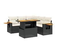 Salon de jardin modulaire 6 pièces, résine tressée noire, table relevable acacia, coussins blanc crème déhoussables, résistant UV