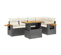 Salon de jardin modulaire 6 pièces, résine tressée noire, table relevable acacia, coussins blanc crème déhoussables, résistant UV