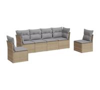Salon de jardin modulaire 6 places, résine tressée beige, coussins gris clair déhoussables lavables, résistant aux UV, acier enduit de poudre