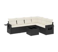 Salon de jardin modulaire 7 pièces, canapés et table basse, résine tressée noire, coussins blanc crème, plateau verre trempé, résistant UV