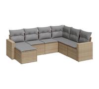Salon de jardin modulaire 7 pièces, ensemble canapés et tabouret, résine tressée beige, coussins gris clair déhoussables, résistant aux UV