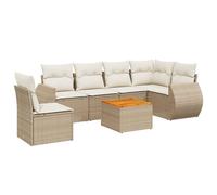 Salon de jardin modulaire 7 pièces, résine tressée, acier enduit de poudre, beige, table bois d'acacia, rangement intégré, coussins blanc crème