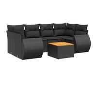 Salon de jardin modulaire 7 pièces, résine tressée noire, acier enduit de poudre, table basse bois d'acacia, coussins déhoussables, résistant aux UV