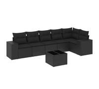 Salon de jardin modulaire 7 pièces, résine tressée noire, avec table en verre trempé et coussins déhoussables lavables, résistant aux UV