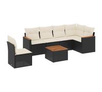 Salon de jardin modulaire 7 pièces, résine tressée noire, cadre acier, table acacia, coussins blanc crème déhoussables lavables, résistant UV