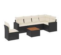 Salon de jardin modulaire 7 pièces, résine tressée noire, table acacia, coussins déhoussables blanc crème, avec rangement intégré et sacs étanches