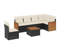 Salon de jardin modulaire 7 pièces, résine tressée noire, table acacia, coussins déhoussables blanc crème, résistant aux UV
